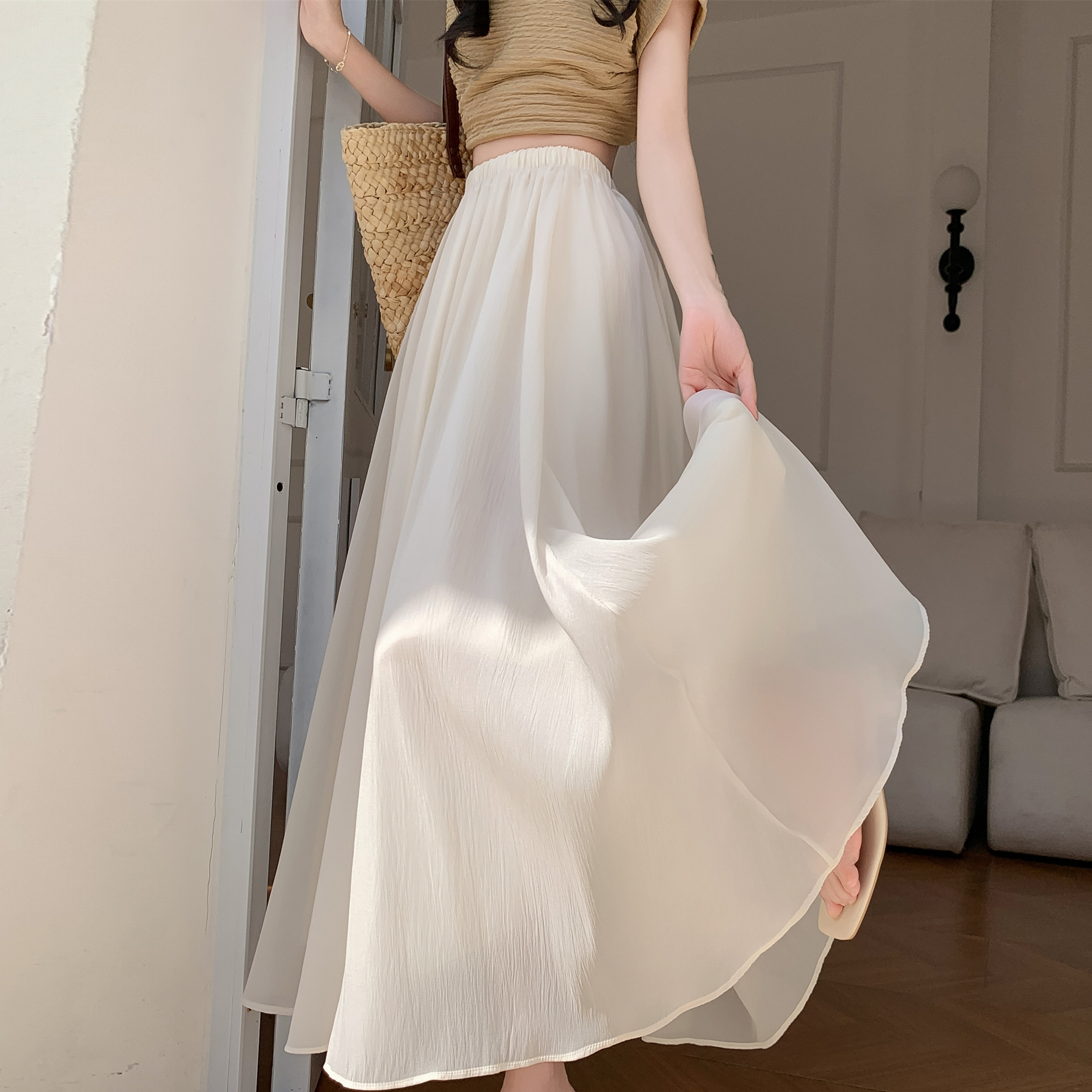 Beige shiffon summer fitted long skirt