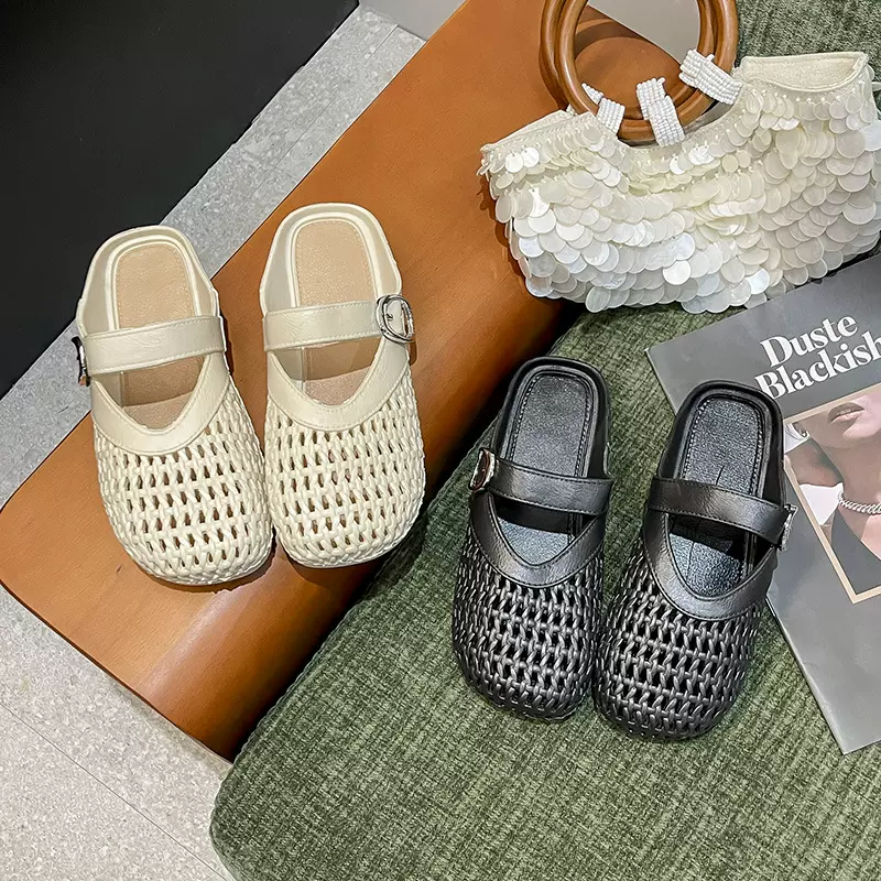 包头拖鞋女夏季新款平底法式透气防滑镂空休闲百搭半拖居家外穿