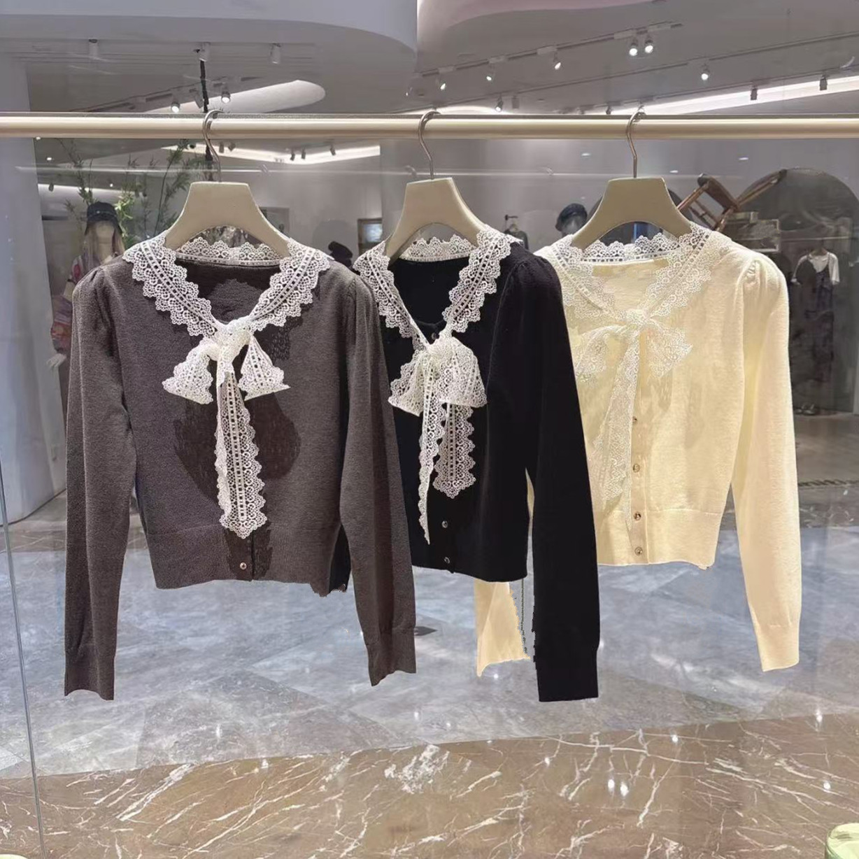 Lace Bow Short Knitted Cardigan Women's Slim Slim V Neck Sweater Jacket Autumn and Winter New Style