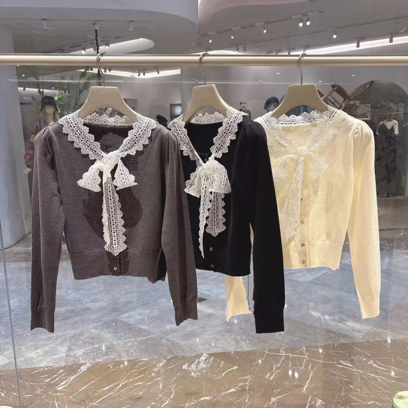 Lace Bow Short Knitted Cardigan Women's Slim Slim V Neck Sweater Jacket Autumn and Winter New Style
