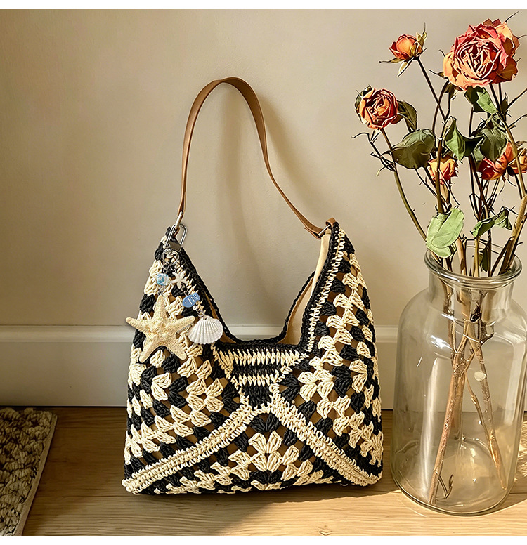 Bolsa de tela de paja de gran capacidad de color extranjero, bolsa de hombro casual de moda junto al mar, bolsa de tote simple