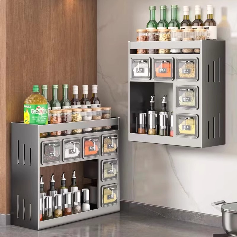 Estante de almacenamiento de condimentos de cocina sin agujeros perforados multifuncional tipo pared almacenamiento de salina de sal de aceite para el hogar