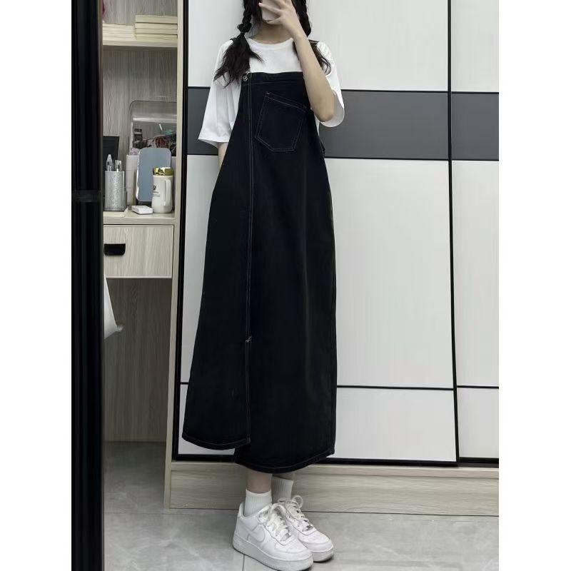 Korean Style Salt Style Irregular Denim Strap Dress Women's plus size Retro Loose Slim Long Sling dress Summer