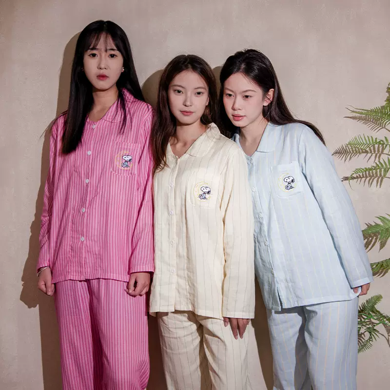 A类棉纱秋冬长袖全棉睡衣女长款透气可爱条纹家居服套装秋季纯棉