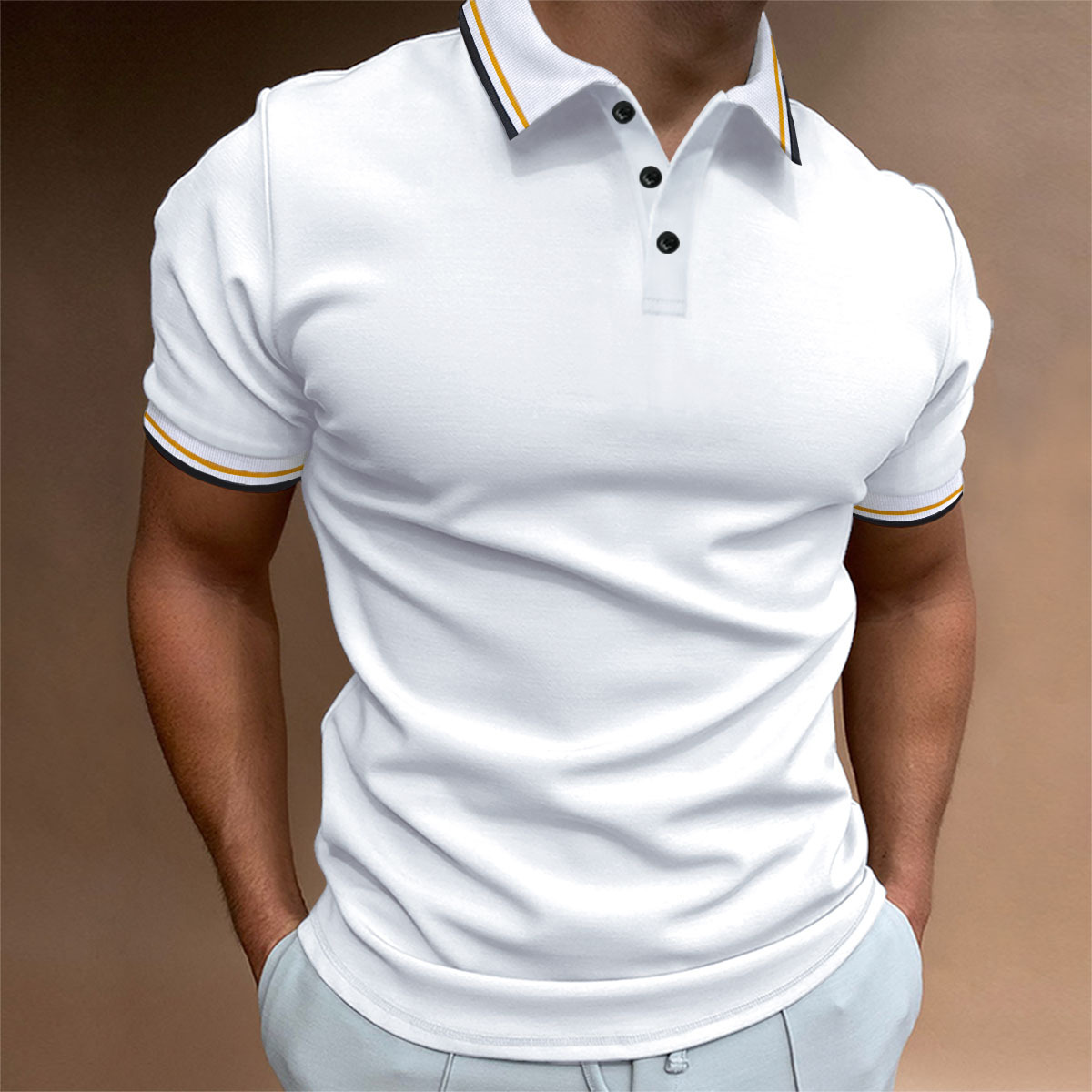 Nueva camisa de polo casual de los hombres de Amazon transfronteriza costilla solapa Botón de negocios de color sólido todo partido camiseta superior