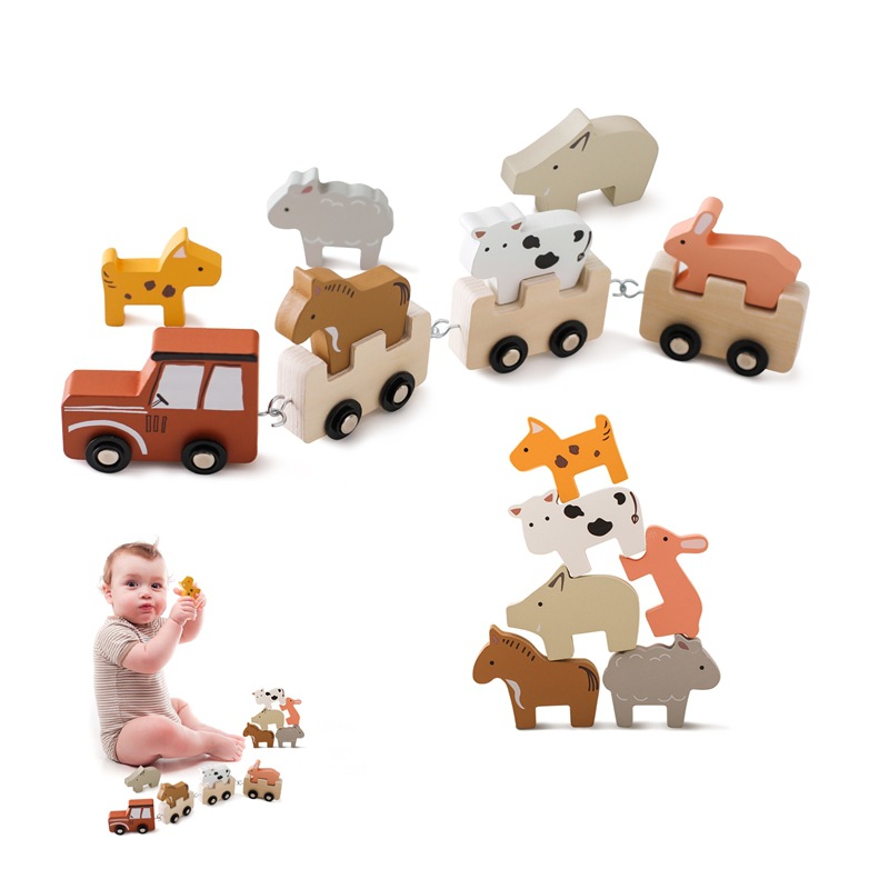 Tren de animales de granja de madera para niños, juguetes cognitivos apilados de iluminación para bebés, juguetes educativos, tren de cumpleaños