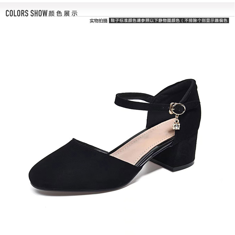 Sandal cao gót nữ quai ngang gót vuông da lộn — Màu đen Cashmere chi tiết 11