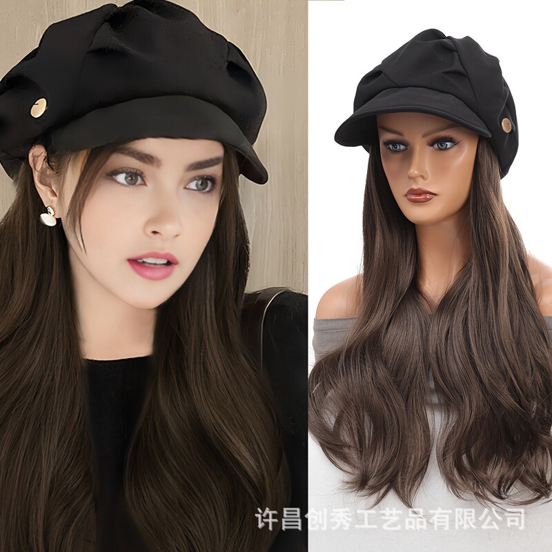Wig Hat with a High-End Feel, Makes the Face Look Smaller, Fashionable New Style, Octagonal Baseball Cap with Layered Texture, New Style with Big Waves, Synthetic Hair