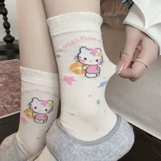 可爱凯蒂猫袜子女夏季薄款吸汗透气长袜可爱卡通HelloKitty中筒袜