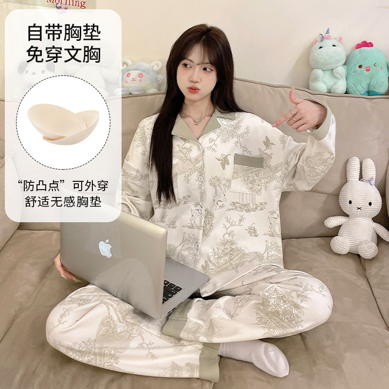 Pajamas for Women with Breast Pads Spring and Autum Long-Sleeved 2025 New Thin Student Dormitory Large Size Home Wear Set