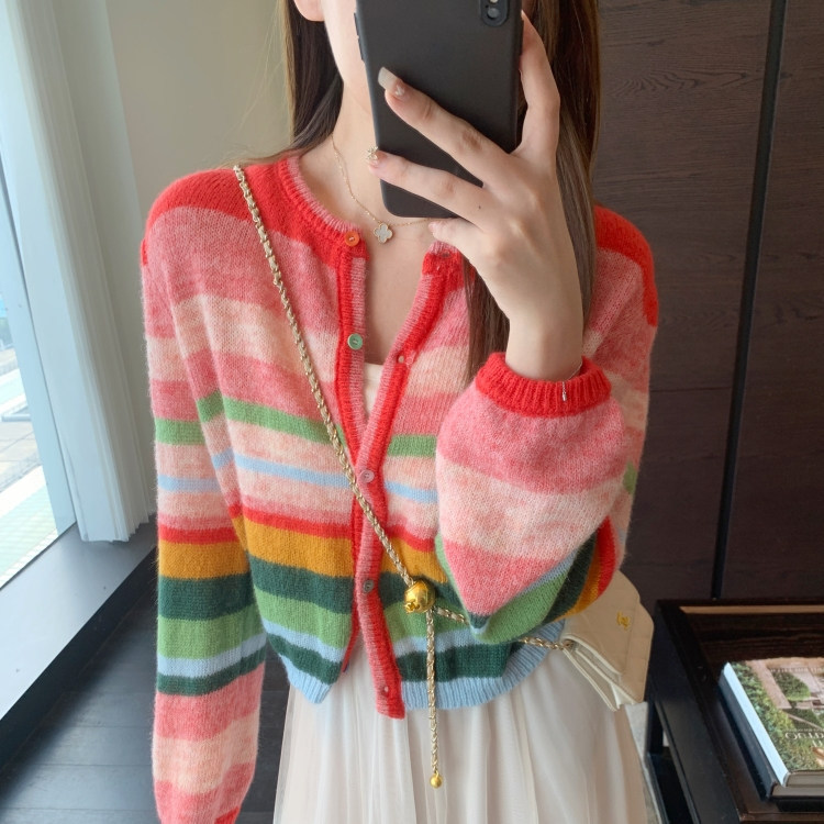 Unique Rainbow Color-Block Striped Round-Neck Knit Cardigan Top for Women, 2026 Autumn New Short Sweater Coat Unique Rainbow Color-Block Striped Round-Neck Knit Cardigan Top for Women, 2026 Autumn New Short Sweater Coat