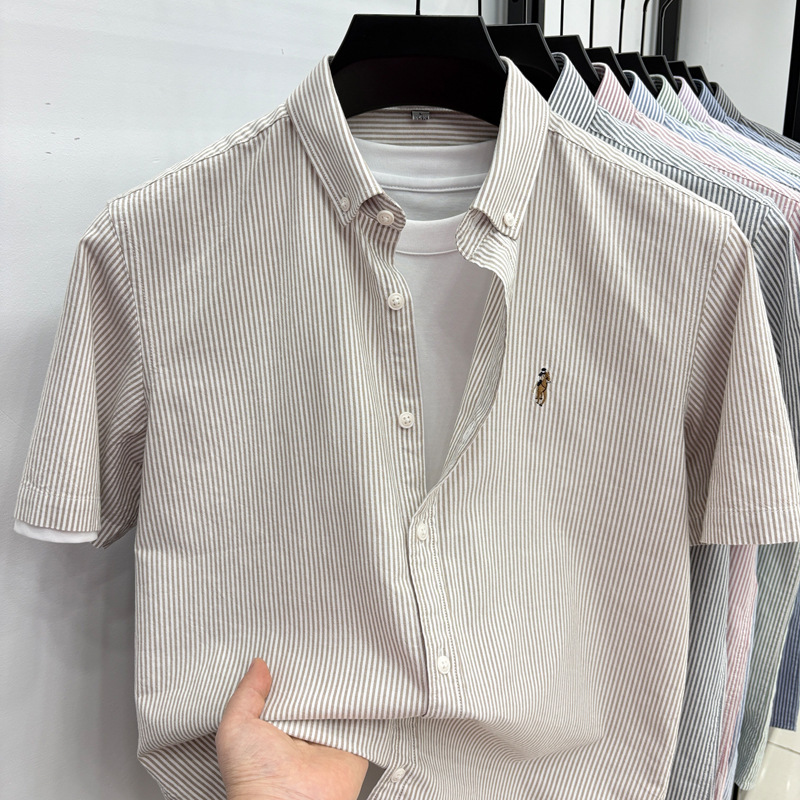100% Pure Cotton Striped Summer Men's Shirt 2026 New Style Casual Business High-End Versatile Short-Sleeved Shirt for Men