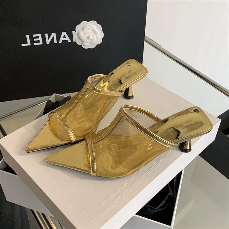 Прозрачные сетчатые туфли-лодочки на шпильке с острым носком для женщин, новые летние босоножки на среднем каблуке 2025 года, сексуальные и красивые.