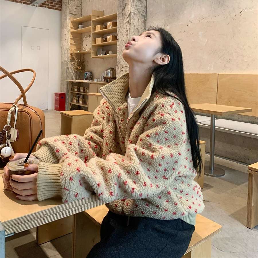 DIGM 가을과 겨울 한국 스타일 게으른 달콤한 코시 스타일 수직 칼라 두꺼운 LAMBSWOOL 느슨한 모피 코트 여성 92070