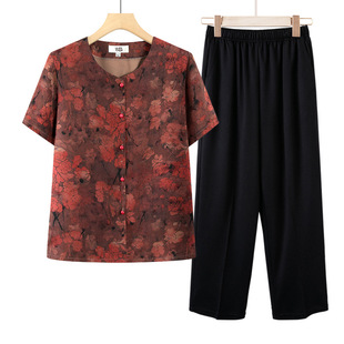 Grandma's Summer Shirt Short-Sleeved Suit Middle-Aged and Elderly Style Shirt Mom's Summer Top and Pants Two-Piece Set