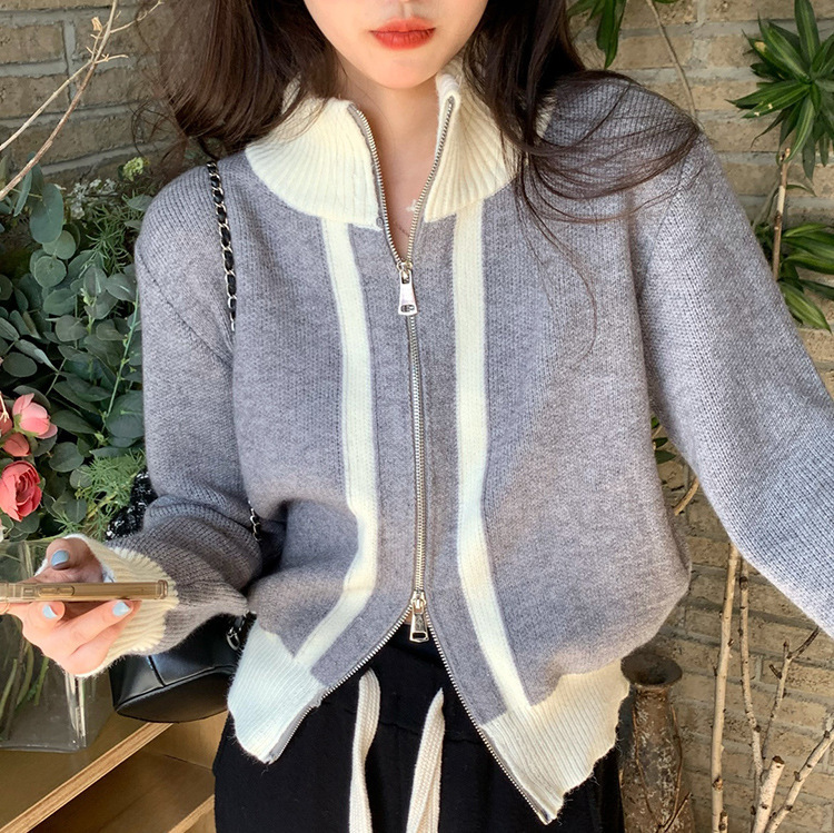韩系撞色高领双拉链毛衣女外套2025秋冬新款设计感小众针织开衫女|undefined