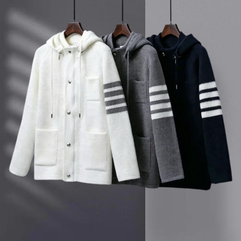TB-style autumn and winter thick-knit cardigan with a hood, loose-fitting, thickened sweater jacket with striped sleeves, casual and versatile TB-style autumn and winter thick-knit cardigan with a hood, loose-fitting, thickened sweater jacket with striped sleeves, casual and versatile