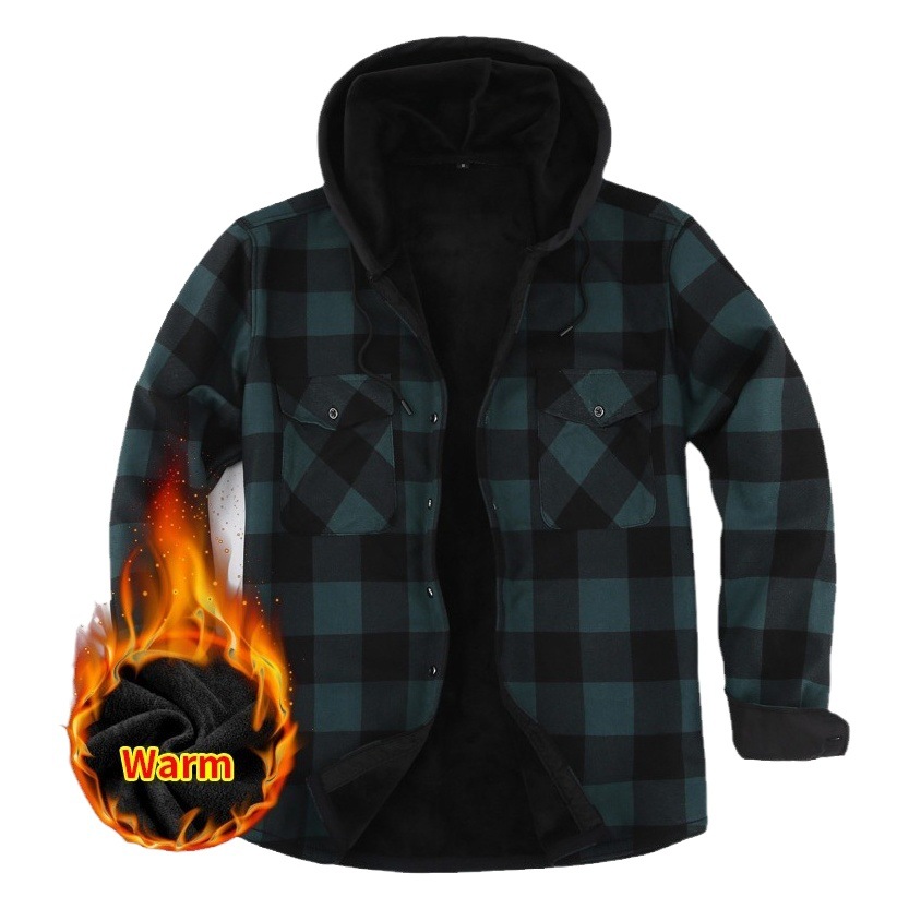 Amazon otoño e invierno más terciopelo con capucha a cuadros casual de gran tamaño camisa de manga larga para hombre camisa de invierno al por mayor