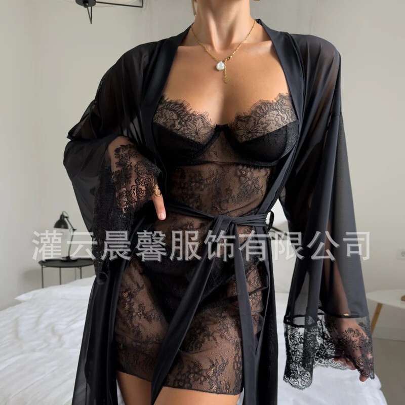 Amazon's new eBay European and American style sexy lingerie lace mesh see-through camisole nightdress and robe set source