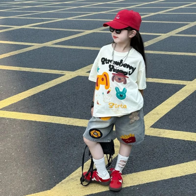 Girls Summer Street Suit 2025 New Style Girls Loose Cartoon Short-Sleeved T-Shirt Denim Mid-Pants Two-Piece Set Trendy 8