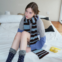 设计师款韩系圈圈条纹毛线围巾女冬季柔软复古撞色氛围感毛线围脖