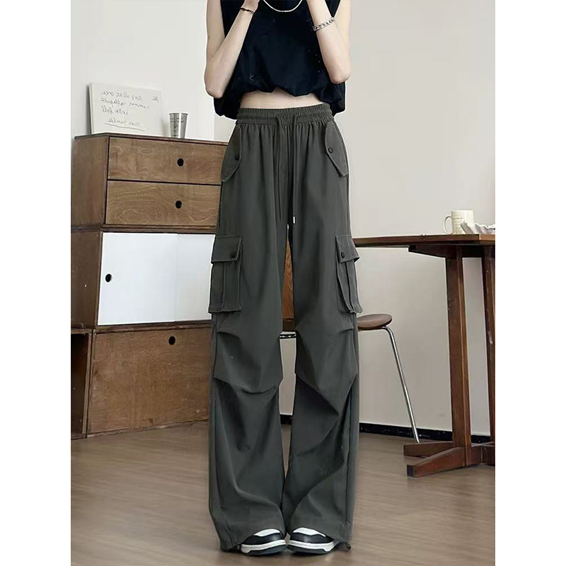 Gray-Green Cargo Pants for Women, Summer New High-Waisted Straight-Leg Wide-Leg Sweatpants, Loose Design, Slim-Fit American-Style Sports Pants Gray-Green Cargo Pants for Women, Summer New High-Waisted Straight-Leg Wide-Leg Sweatpants, Loose Design, Slim-Fit American-Style Sports Pants