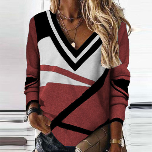 New European and American cross-border women's clothing style Amazon AliExpress V-neck contrasting geometric print style loose long-sleeved sweater