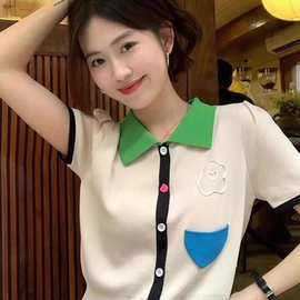 仅用于产品展示勿拍-欧货撞色冰丝针织短袖正肩T恤女夏季薄款显瘦