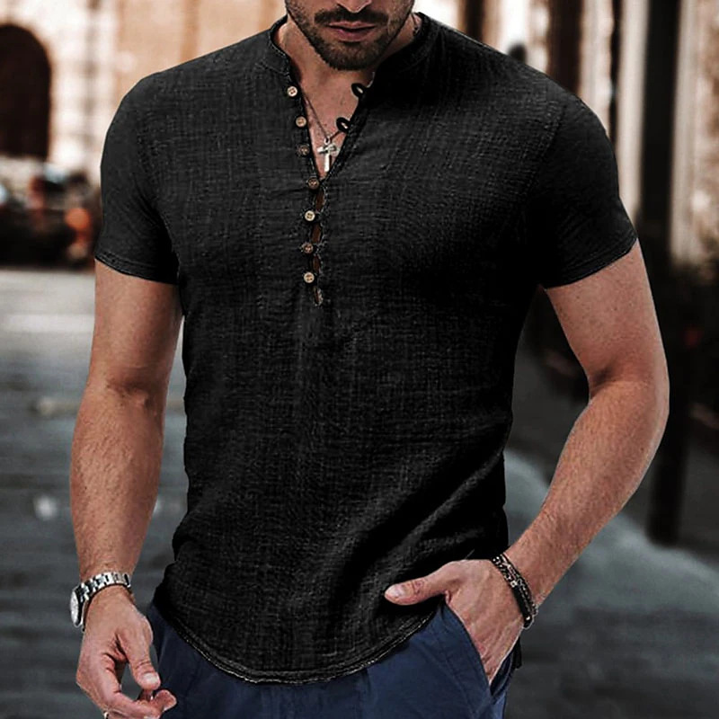 2023 Amazon Cross Border Men's Linen Casual Shirt Plain V-Neck Summer Casual Daily Clothing