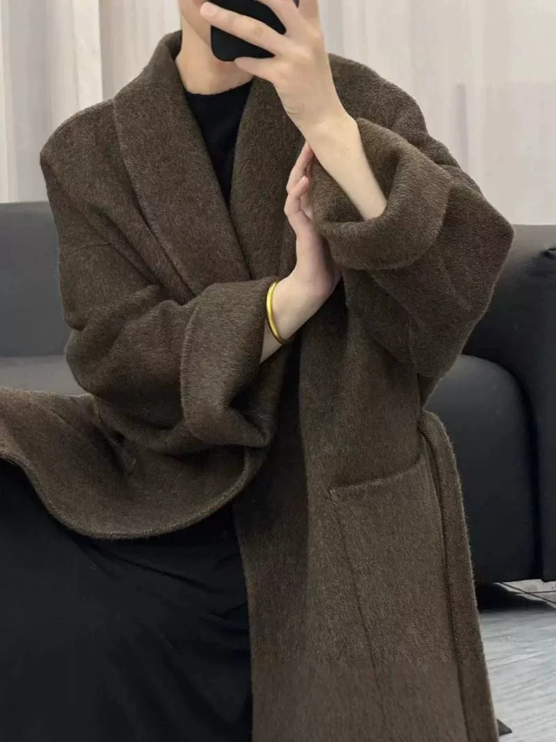 Длинный двусторонний шерстяной халат, средняя длина, oversize, стиль высокого качества
