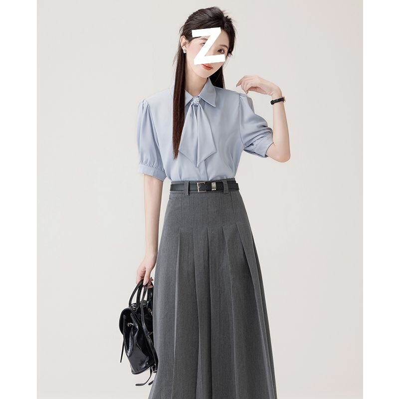 Elegant Short-Sleeve Blue Shirt and Pleated Skirt Set for Formal Occasions, Summer Outfit for Female Teacher Qualification Interview