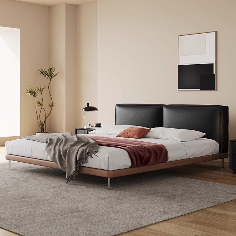 Medieval Style Black Leather Bed Master Bedroom 1.8m Large Bed French Retro Normcore Designer Tofu Block Double Bed