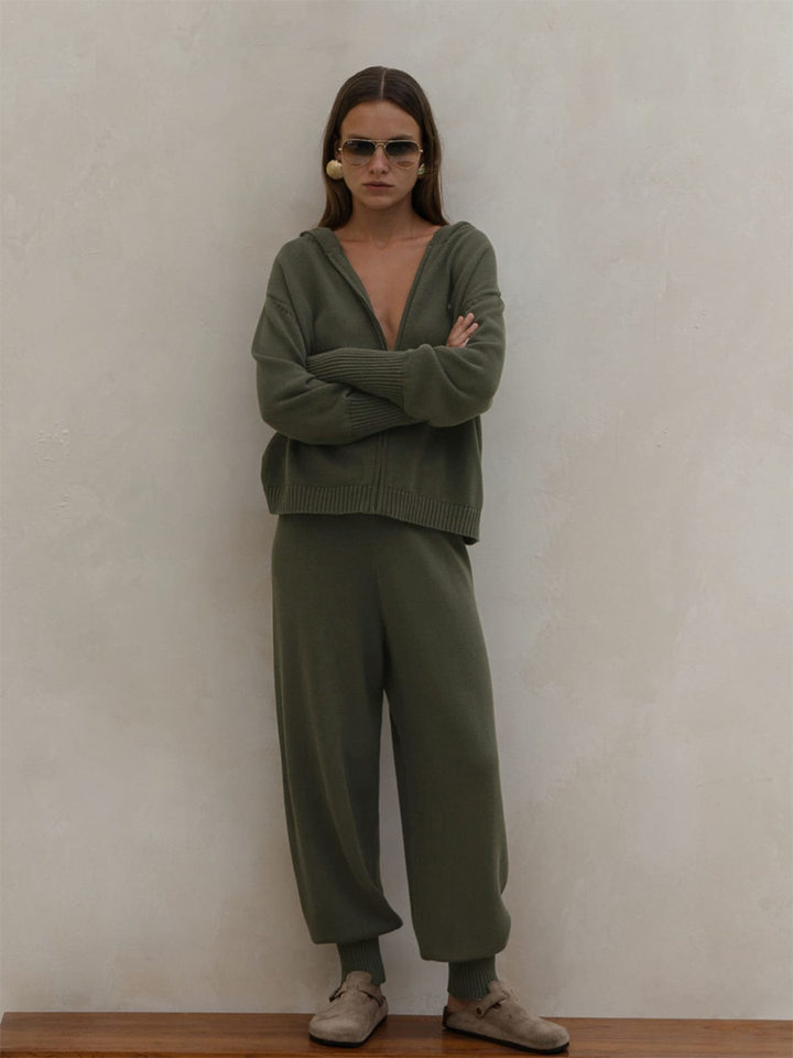 Bộ áo cardigan dệt kim có mũ khóa kéo dáng rộng kèm quần ống ôm cotton — Màu cà phê, Màu trắng, Màu xanh dương, Xanh lá cây chi tiết 28
