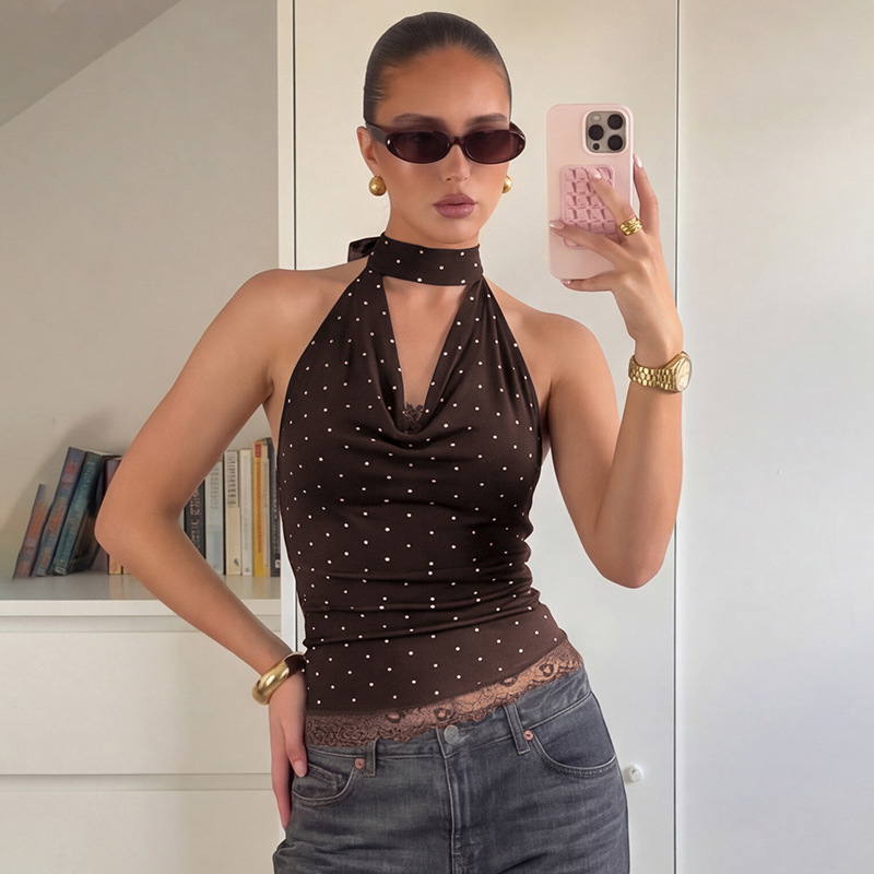 European And American Women's Clothing 2026 Summer New Fashion Polka Dot Lace Slim-fit Versatile Backless Strap-up Tube Top_ecoleips.com