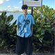 Wenli 2024 Niche All-match Cuban Collar Printed Vacation Style Shirt Men's Short-sleeved Summer Blue Casual Loose Outer