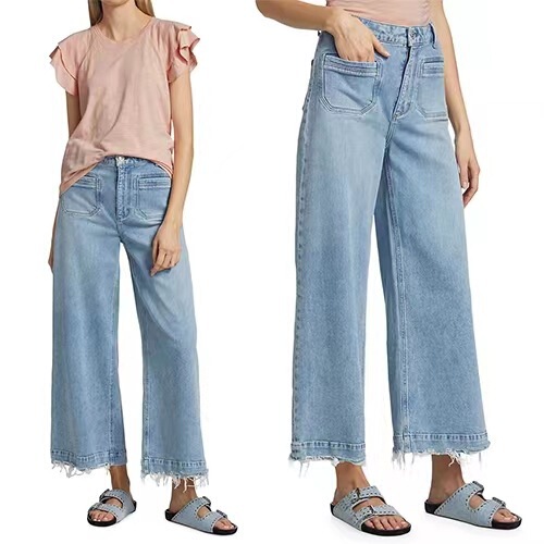 Early Autumn 2024 European and American Paige High-Waisted Light Blue Front Pocket Cropped Flared Jeans for Women