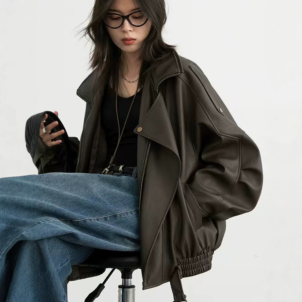 American Retro Style Brown Leather Jacket Motorcycle Coat for Women, New Autumn Loose-Fitting Versatile Top