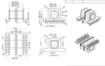 ETD44 ER44双槽骨架外壳磁芯配套卧式9+9针高频变压器材料排距42|ru