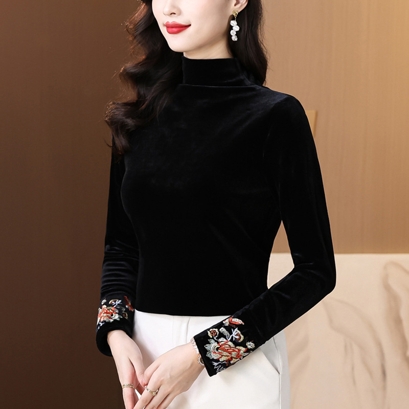 New Chinese-Style National Style Long-Sleeve Shirt, Simple and Figure-Flattering Long-Sleeve Top, 2024 Autumn and Winter New Velvet High-Neck Base Shirt