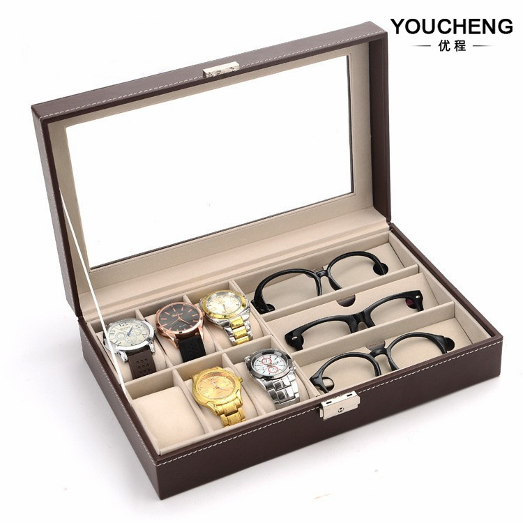 现货批发咖啡色手表眼镜盒pu皮革6+3手表眼镜收纳盒多功能手表盒