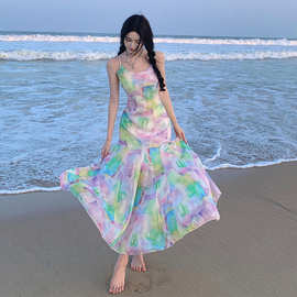 超仙大裙摆海边度假长款吊带连衣裙女夏季甜美温柔风修身鱼尾裙子