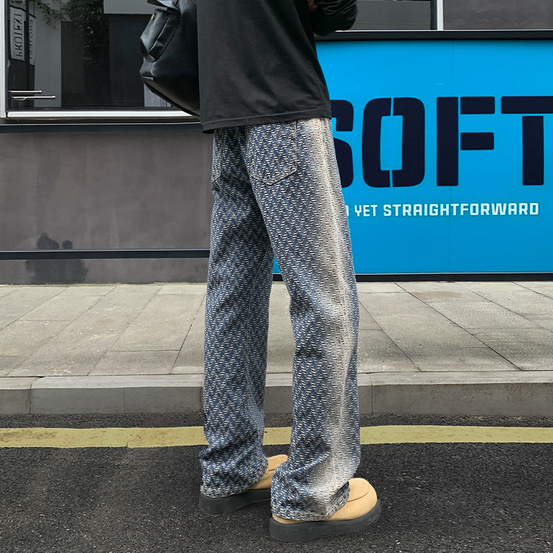 Jeans mit Allover-Jacquardmuster, Herbst-Cleanfit, amerikanische High-Street-Straight-Wide-Leg-Long-Pants, Herren-High-Waist_voghion.com
