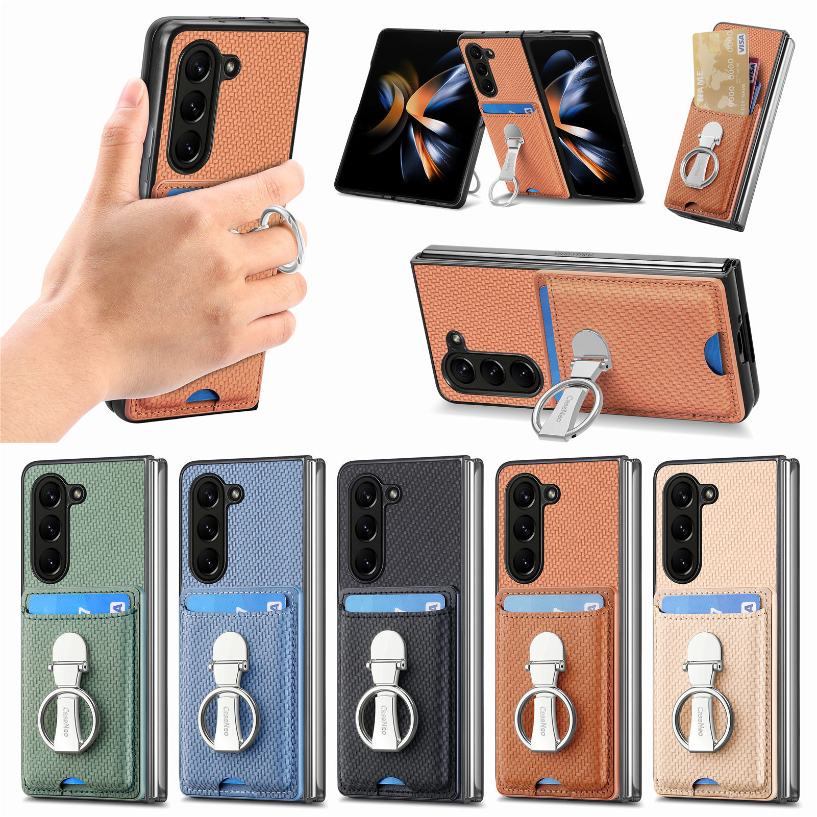 Suitable for Samsung Zfold7 Multifunctional Card-Inserting Phone Case with Rotating Ring and Metal Buckle, Zfold5/4/3 Protective Cover