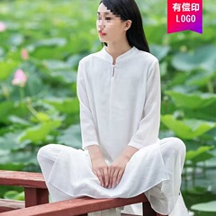 中国風の女性のドレス綿とリネンミッドレングス文学ヨガヒーリング服瞑想服茶服禅ダンス服太極拳服