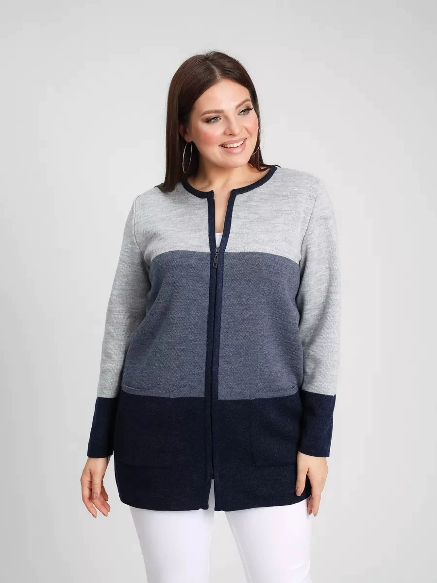 Кардиган теплый больших color block large size knitted jacket
