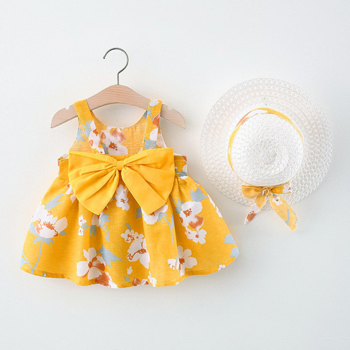 Summer  New Small Chrysanthemum Big Bow Grass Hat Dress for Girls and Baby Girls, Full of Small Chrysanthemum Dress for Girls