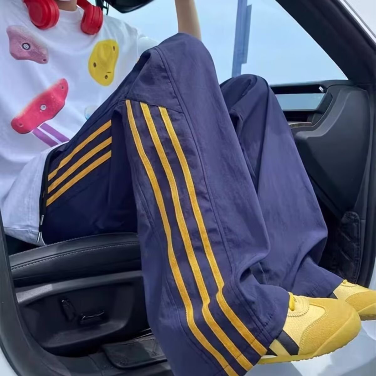 Men's Ice Silk Casual Sweatpants Summer Loose Striped Quick-Dry Straight-Leg Trendy Brand Cropped Sports Pants Spring and Autumn