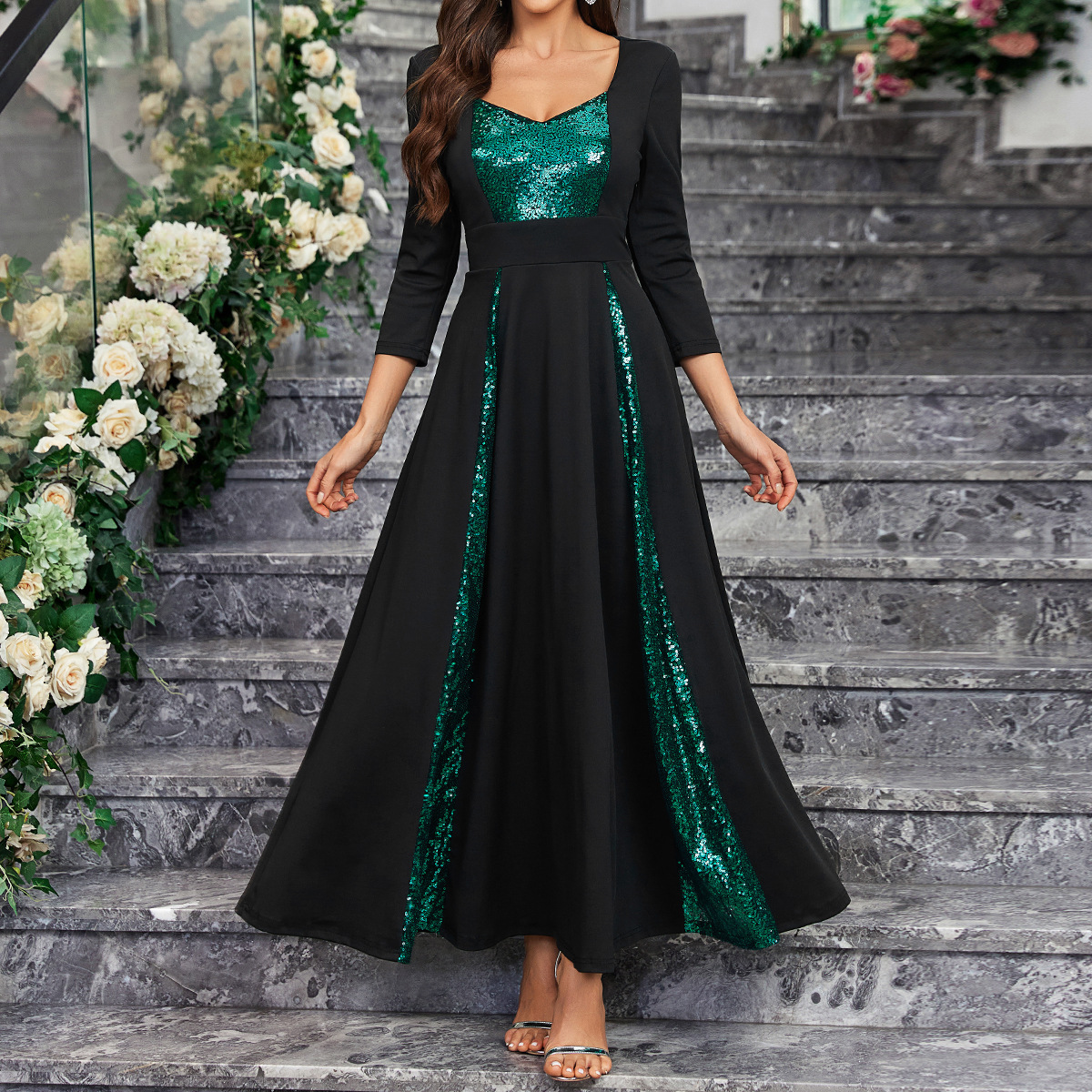 Ropa de mujer transfronteriza nuevo comercio exterior Amazon elegante lentejuelas gran fiesta cóctel vestido de fiesta de longitud media