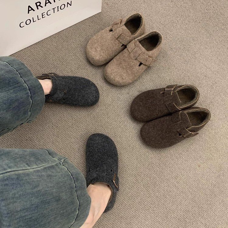 Plus Size Women's Shoes 41-43 Retro Felt Fleece-Lined Birkenstock Shoes for Women Autumn and Winter Slip-On Casual Warm Loafers Cotton Shoes