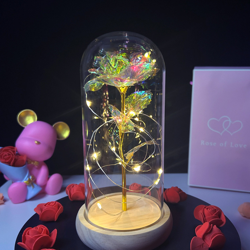 Cubierta de Cristal con Rosa en Papel de Oro 520, Regalo para el Día de la Madre, Día de San Valentín, Flor Eterna, Luz Nocturna Brillante, Adorno Creativo